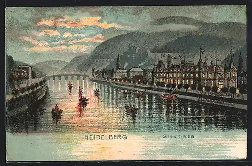 Künstler-AK Heidelberg, Stadthalle am Abend