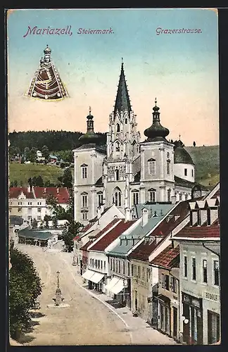 AK Mariazell, Grazerstrasse mit Kirche, Gnadenbild