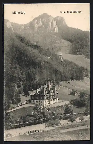 AK Mürzsteg, K. k. Jagdschloss aus der Luft gesehen