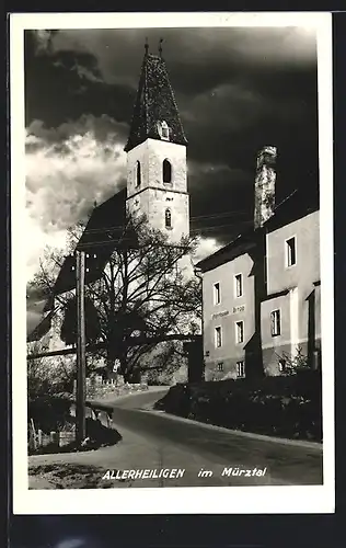 AK Allerheiligen im Mürztal, Gasthaus Dengg und Kirche