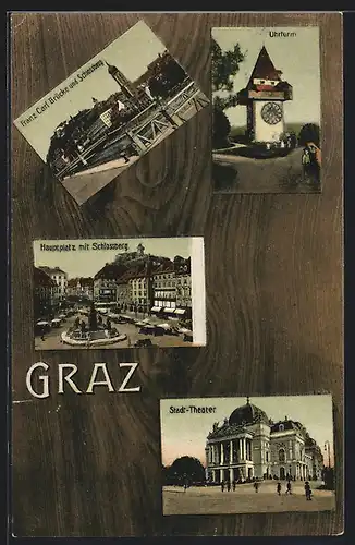 AK Graz, Hauptplatz mit Schlossberg, Franz Carl-Brücke, Uhrturm, Stadttheater