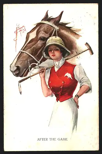 Künstler-AK Court Barber: Polospielerin neben ihrem Pferd