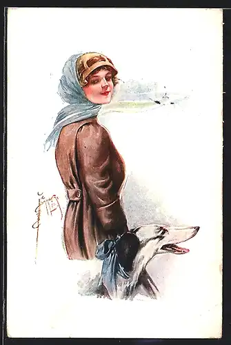 Künstler-AK Court Barber: Frau mit Windhund