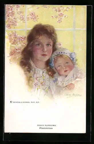 Künstler-AK Philip Boileau: Mädchen mit ihrer jungen Schwester, Blumen