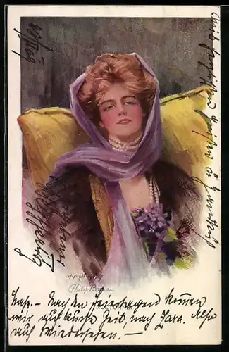 Künstler-AK Philip Boileau: Nocturne, Dame mit lila Schal und laszivem Blick