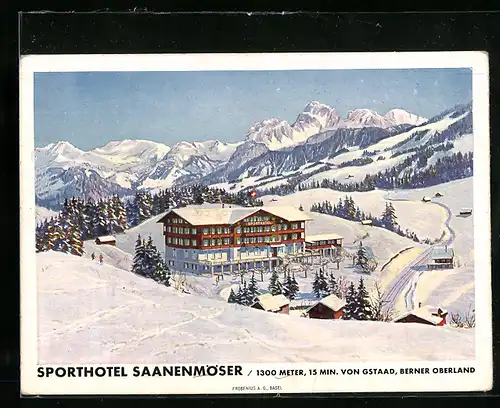 Künstler-AK Gstaad, Sporthotel Saanenmöser im Schnee