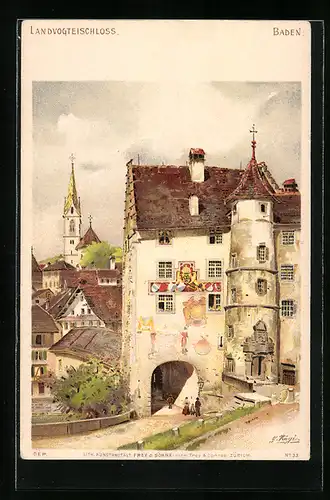 Lithographie Baden, Landvogteischloss im Stadtbild