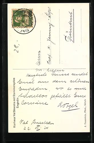 AK Sent /Engadin, Kurhaus Val Sinestra mit Stammerspitze