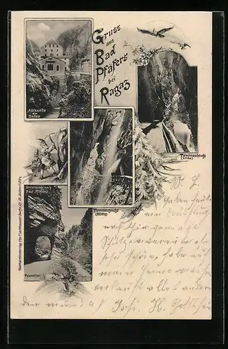 AK Bad Pfäfers, Rückseite des Bades, Felsentor, Taminaschlucht (Ende)