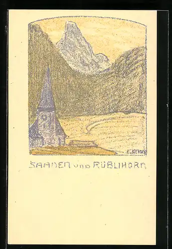 Künstler-AK Saanen, Ortspartie mit Kirche und Rüblihorn