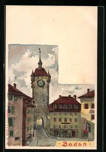 Lithographie Baden, Blick auf den Stadtturm