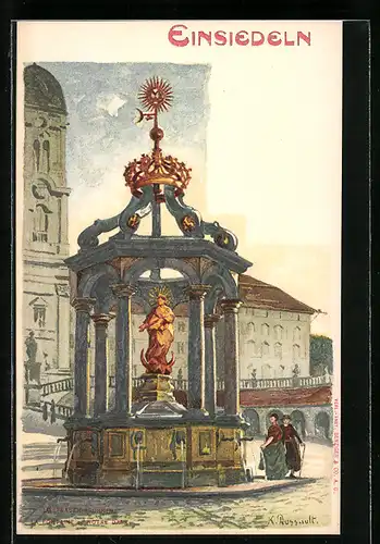 Lithographie Einsiedeln, Marienbrunnen auf dem Klosterplatz
