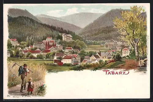 Lithographie Tabarz, Panoramablick auf den Ort, Bauer mit Tochter am Ortsrand