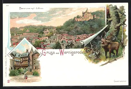 Lithographie Wernigerode, Panorama mit Schloss, Innerer Hof Holzbau