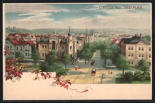 Lithographie Weimar, Ortsansicht mit Strassenbahn und Hotel Kaiserin Auguste