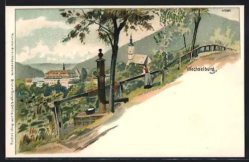 Lithographie Wechselburg, Weg mit Brunnen, Blick zur Ortschaft