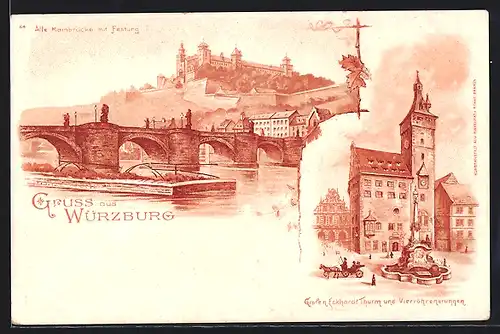 Lithographie Würzburg, Alte Mainbrücke mit Festung, Garfen Eckardt Thurm u. Vierröhrenbrunnen