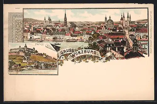 AK Würzburg, Festung & Teilansicht des Ortes