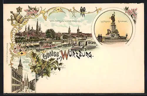 Lithographie Würzburg, Domstrasse, Luitpoldbrunnen, Ortsansicht aus der Vogelschau