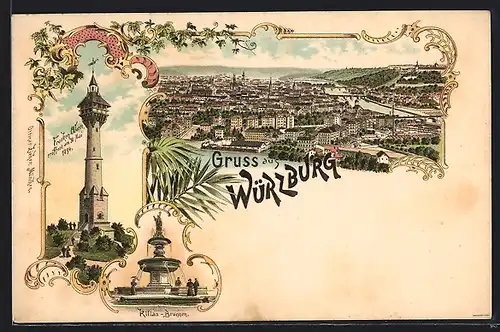 Lithographie Würzburg, Frankenwarte, Kilian-Brunnen, Totalansicht aus der Vogelschau