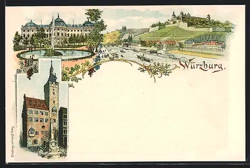 Lithographie Würzburg, Uferpartie mit Burg, Schloss, Brunnen