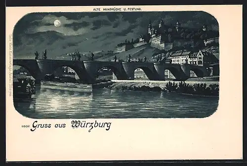 Lithographie Würzburg, Alte Mainbrücke und Festung