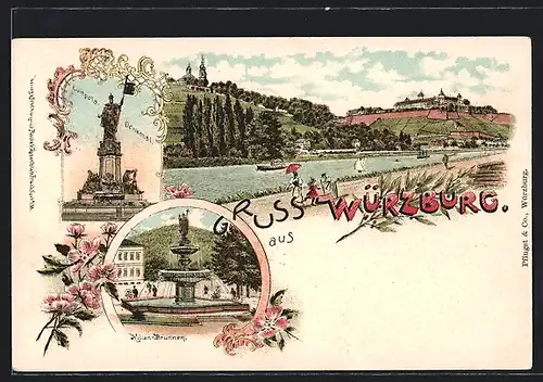 Lithographie Würzburg, Brunnen, Luitpold-Denkmal, Totalansicht
