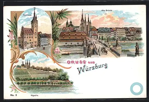 Lithographie Würzburg, Alte Brücke, Rathaus, Käpelle