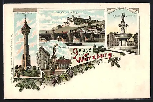 Lithographie Würzburg, Mainbrücke m. Festung, Franken-Warte & Luitpold Brunnen