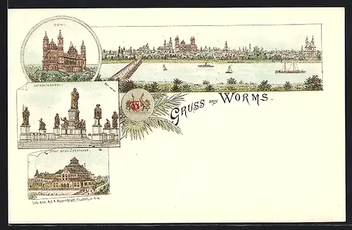 Lithographie Worms, Panorama, Dom, Lutherdenkmal & Spiel- u. Festhaus