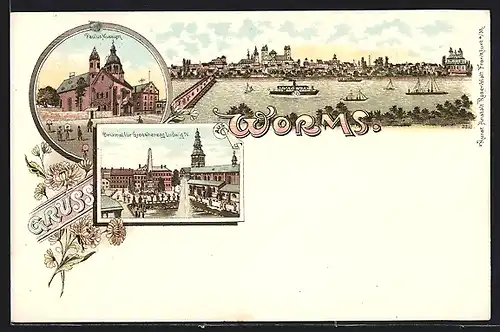 Lithographie Worms, Uferpartie, Paulus-Museum, Denkmal für Grossherzog Ludwig IV.