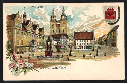 Lithographie Wittenberg, Marktplatz mit Kirche und Wappen