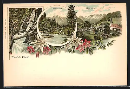 Lithographie Ramsau, Ortspartie, Wimbach-Klamm, Wimbachtal