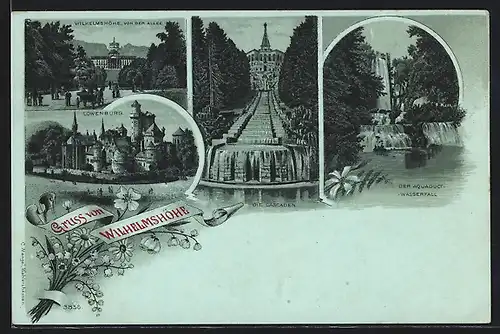 Lithographie Wilhelmshöhe, Löwenburg, Aquaduct-Wasserfall, Cascaden