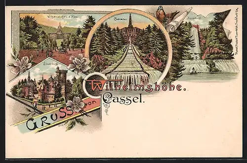 Lithographie Kassel-Wilhelmshöhe, Schloss von der Allee, Aquäduct-Wasserfall, Cascaden, Löwenburg