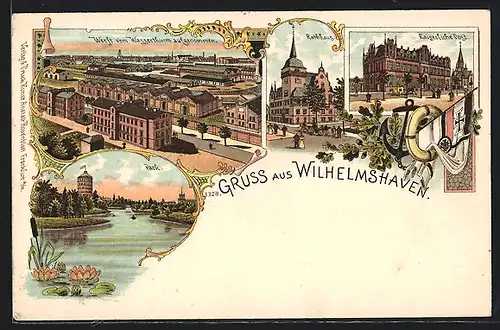 Lithographie Wilhelmshaven, Werft vom Wasserturm aus, Park, Rathaus, Kaiserliche Post