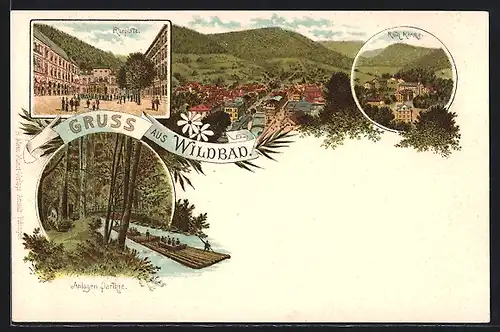 Lithographie Bad Wildbad, Totalansicht, Kurplatz, Kath. Kirche & Anlagen Partie