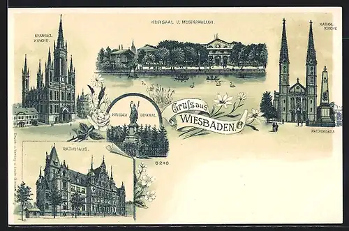 Lithographie Wiesbaden, Kursaal mit Musikpavillon, Kath. u. evang. Kirche, Rathaus u. Kriegerdenkmal