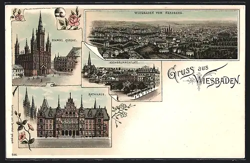 Lithographie Wiesbaden, Gesamtansicht mit Rathaus