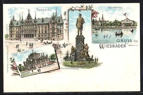 Lithographie Wiesbaden, Kurgarten mit Rathaus