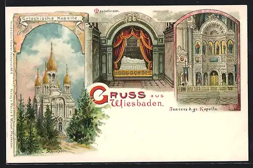 Lithographie Wiesbaden, Griechische Kapelle, Innenansicht und Mausoleum