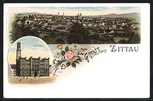Lithographie Zittau, Rathaus, Totalansicht