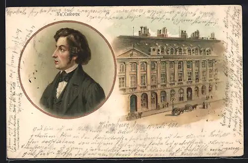 Lithographie Frederic Chopin, Profilportrait und Wohnhaus