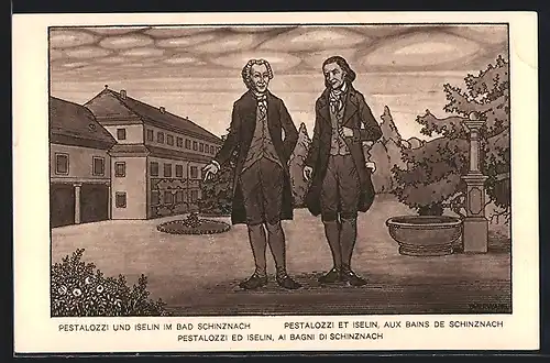 Künstler-AK Schweizer Bundesfeier 1922, Pestalozzi und Iselin im Bad Schinznach