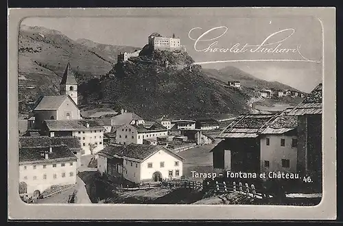 AK Tarasp, Fontana et Chateau, Chocolat Suchard, Teilansicht mit Blick zum Schloss