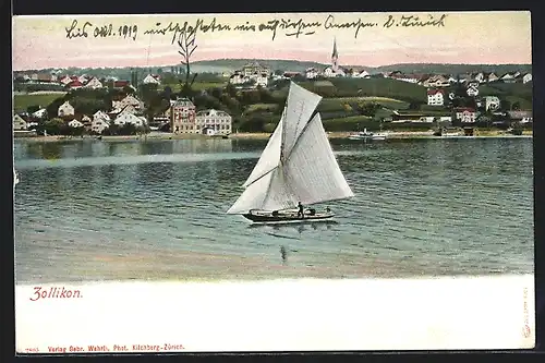 AK Zollikon, Segelboot auf dem See, Blick auf den Ort