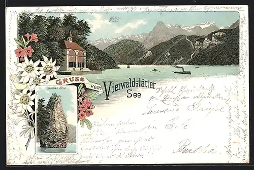 Lithographie Tellskapelle /Vierwaldstättersee, Kapelle am See, Schillerstein