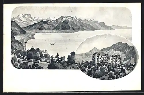 Künstler-AK Caux-s-Montreux-Territet, Grand Hotel, Panorama mit Bahn