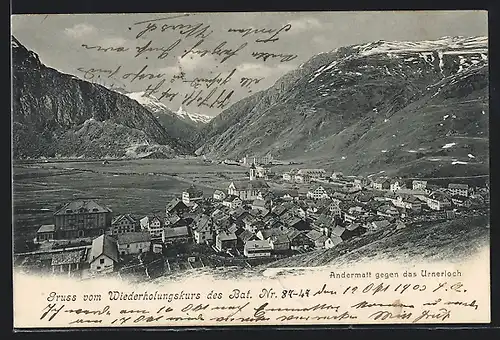 AK Andermatt, Teilansicht gegen das Urnerloch, Wiederholungskurs des Bat. Nr. 87-47