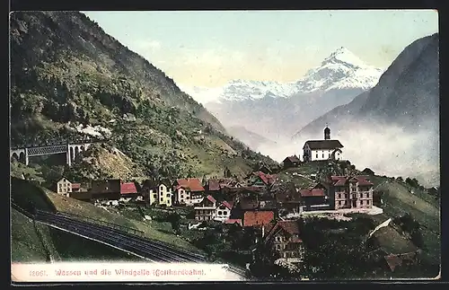 AK Wassen, Ortsansicht und die Windgelle (Gotthardbahn)
